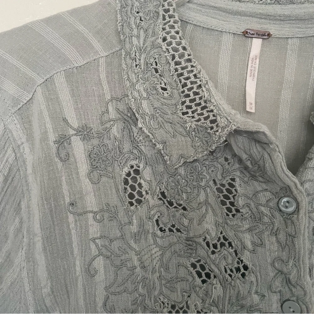 Free People Light Gray Lace-Trim Button-Down Shirt